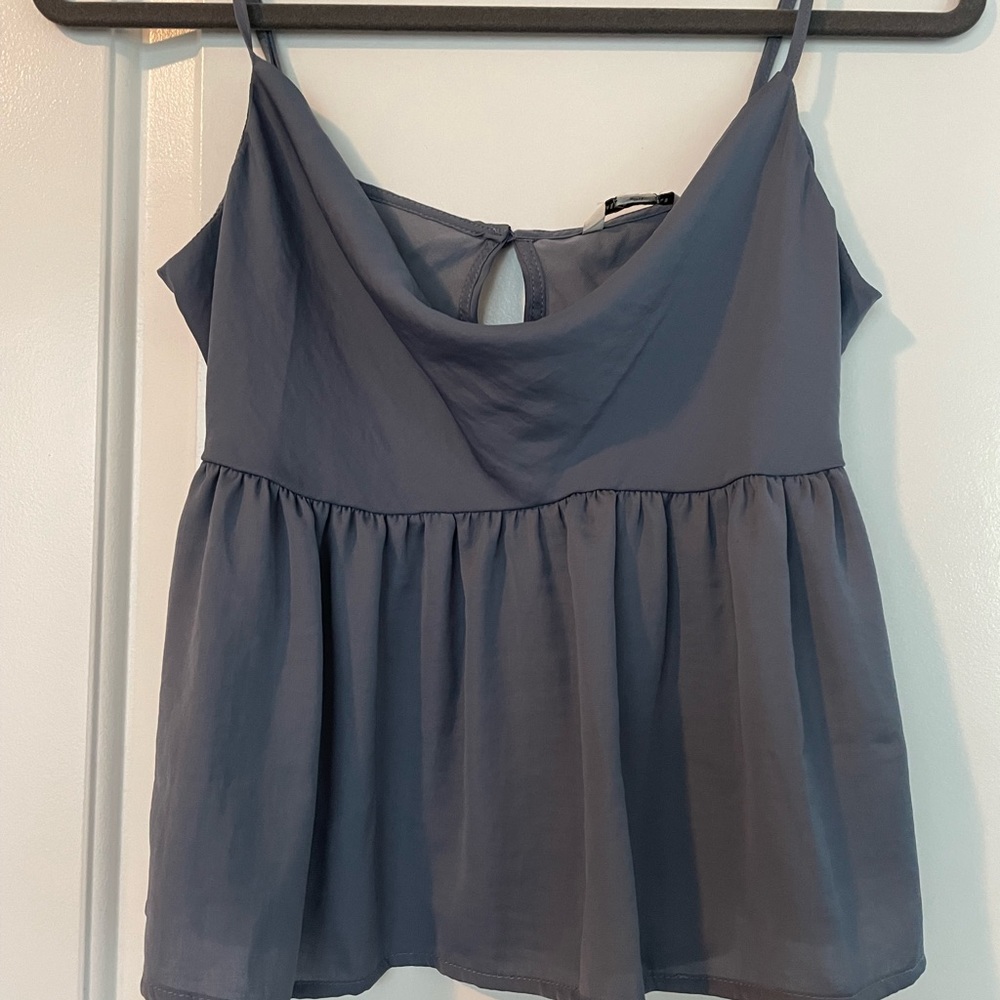 cowlneck light blue/gray silk tank top